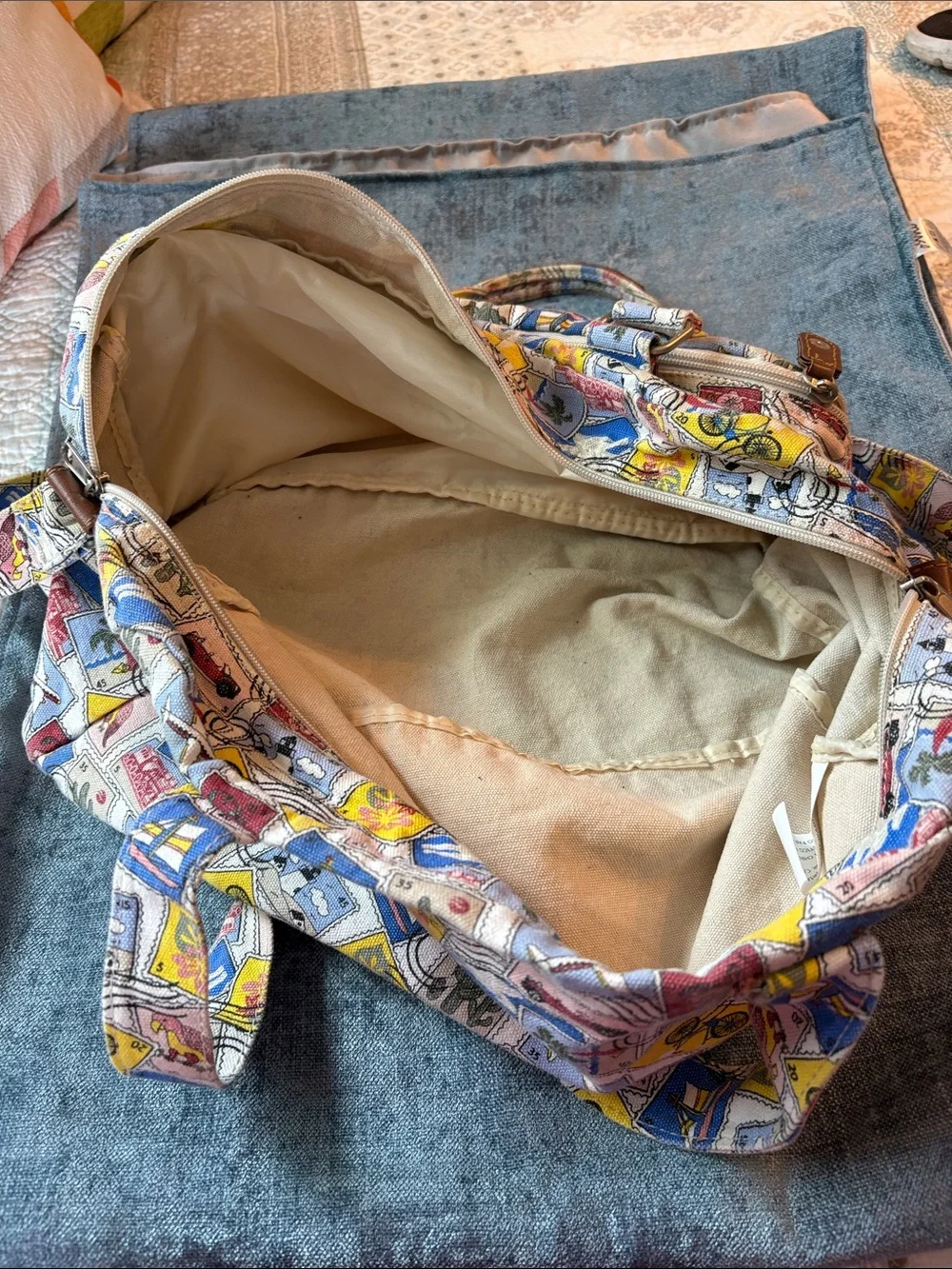 Canvas Duffel Bag in Multicolor Stamp Print